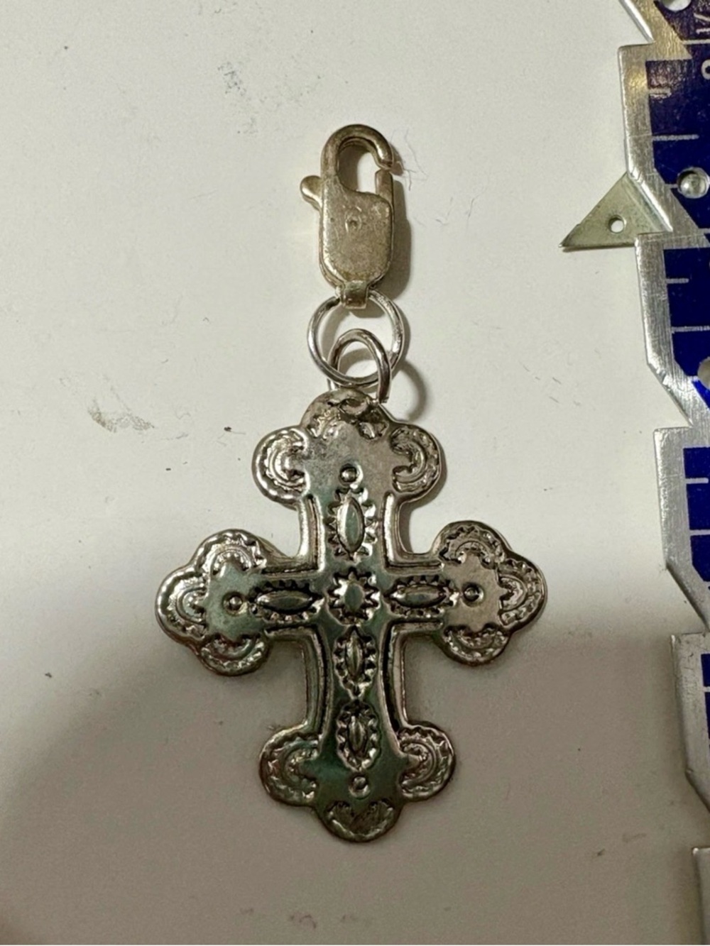 Silver Ornate Cross Charm with Sterling Lobster Clasp